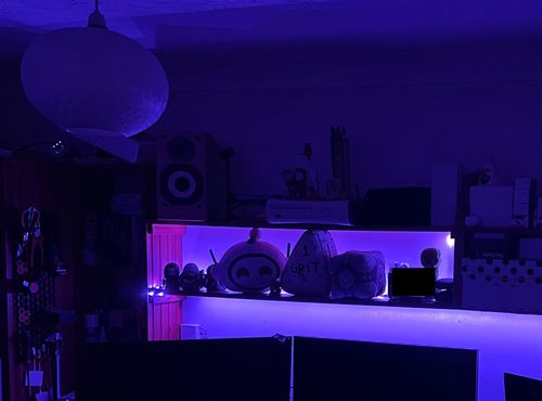 Shelf trinkets in purple light